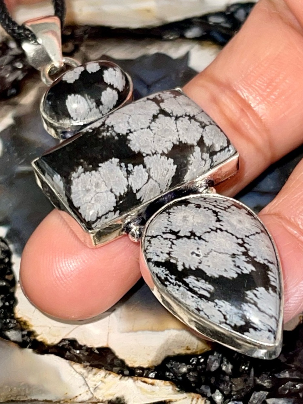 Cristobalite Snowflake Obsidian Earrings & Pendant 2 7/8”